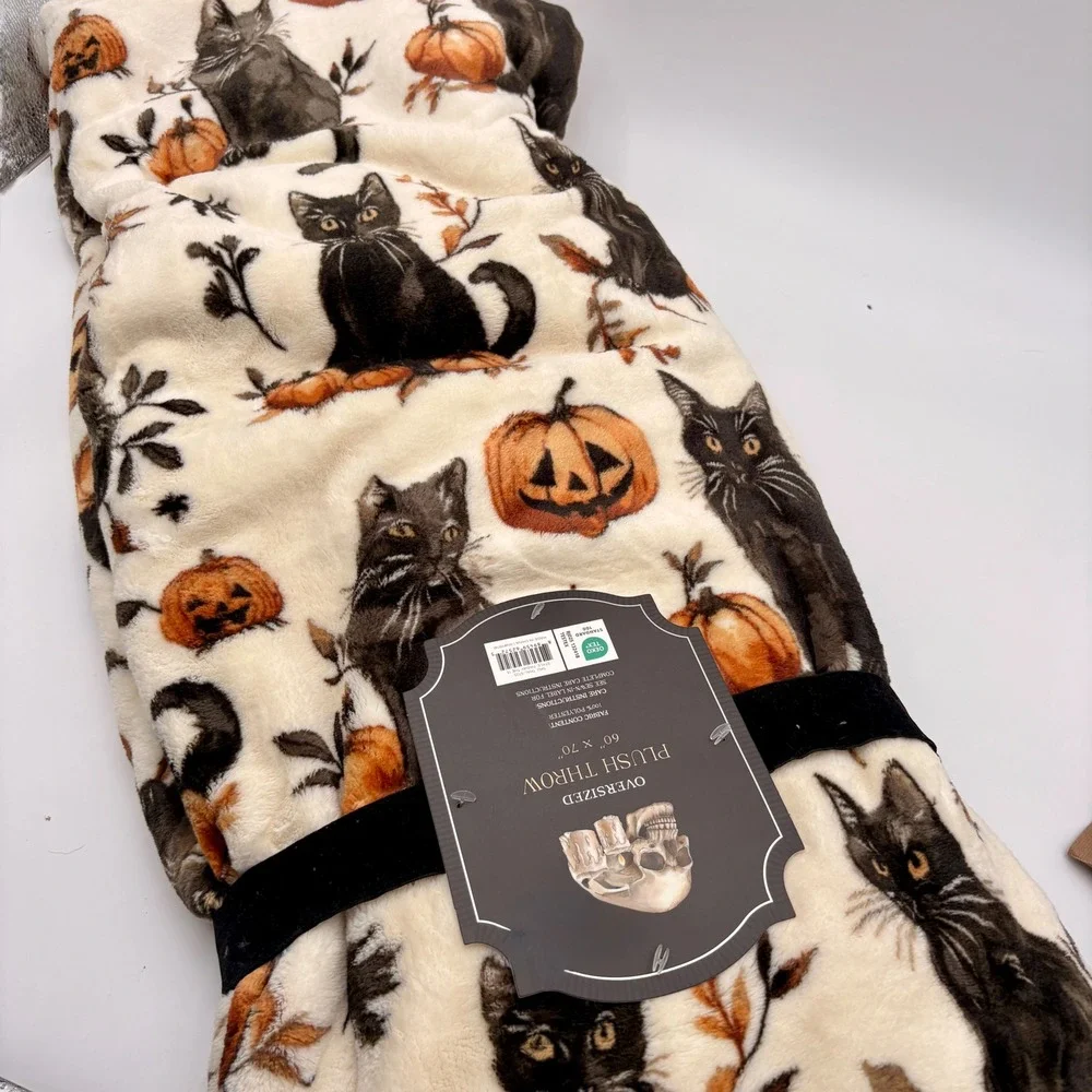The Hallow Manor Black Cat Pumpkin Oversized Plush Throw Blanket 60x70 Halloween